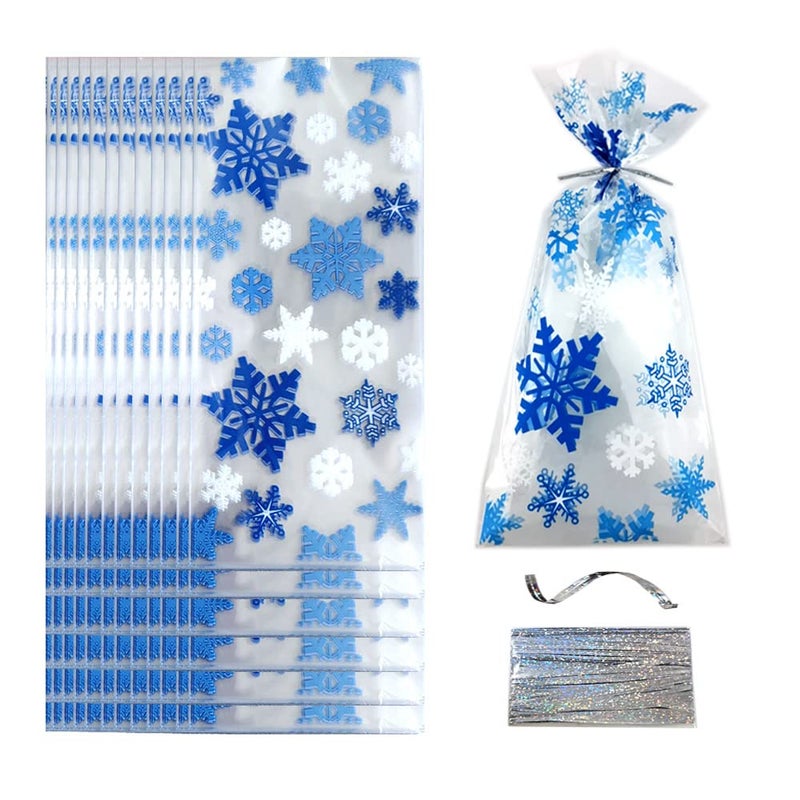 SaktopDeco 100 PCS Christmas Snowflake Cellophane Bags Gift Bags Candy Cookie Bakery Bags with Twist Ties for Christmas Party Snowflakes Birthday Supplies - Image 1
